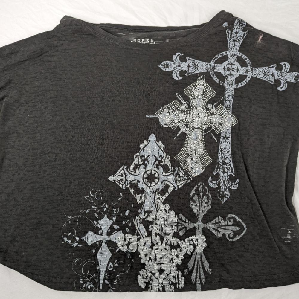 Roper Cross Bling Black and Grey Opaque Slightly Cropped Long Sleeve Blouse Xl